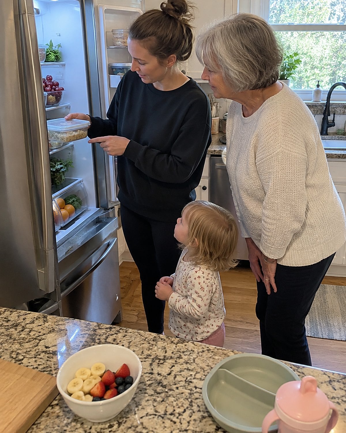 A parent and grandparent at an open fridge, pointing to food for a toddler’s lunch.