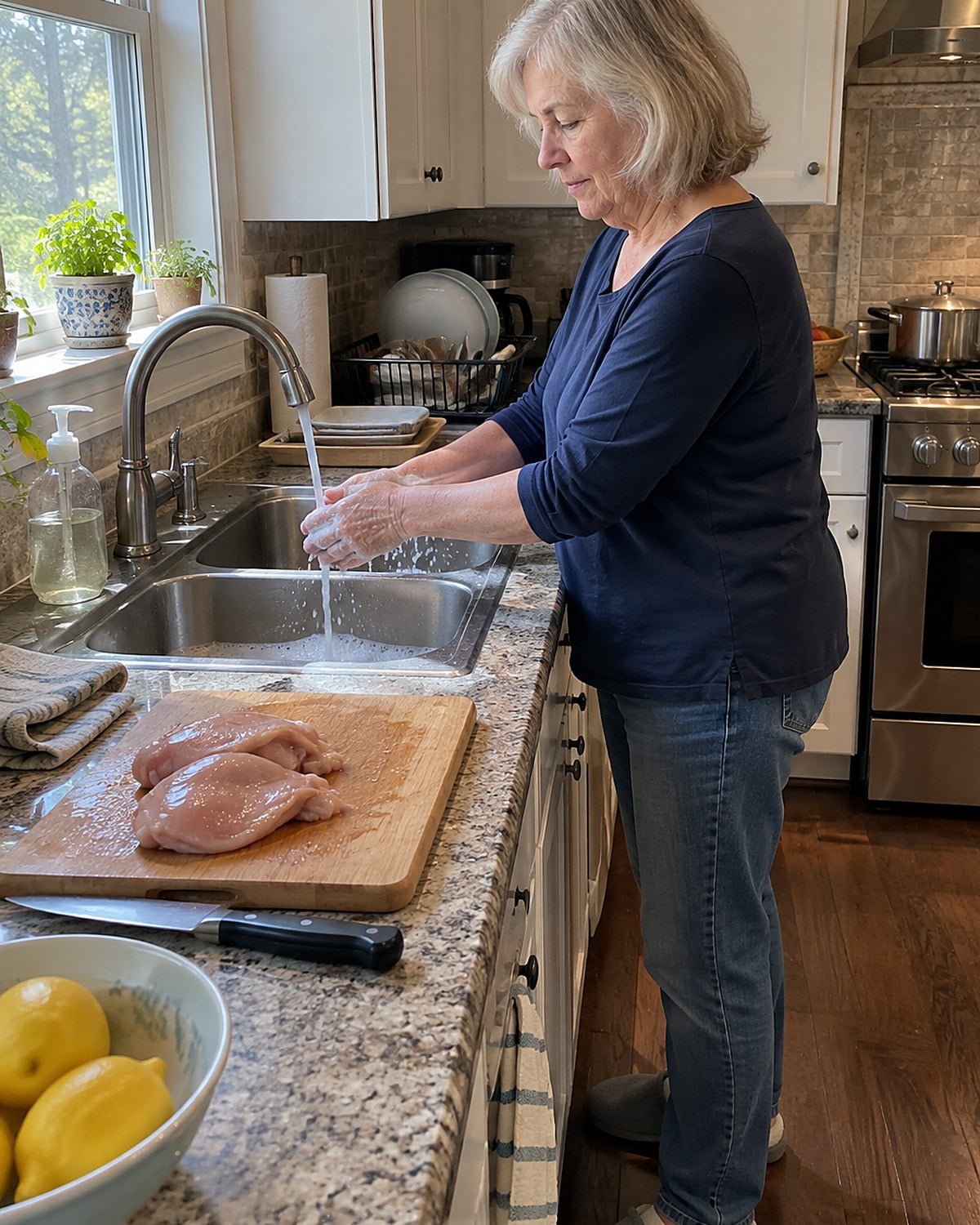 Hands being washed with soap at a sink beside a cutting board used for raw meat.