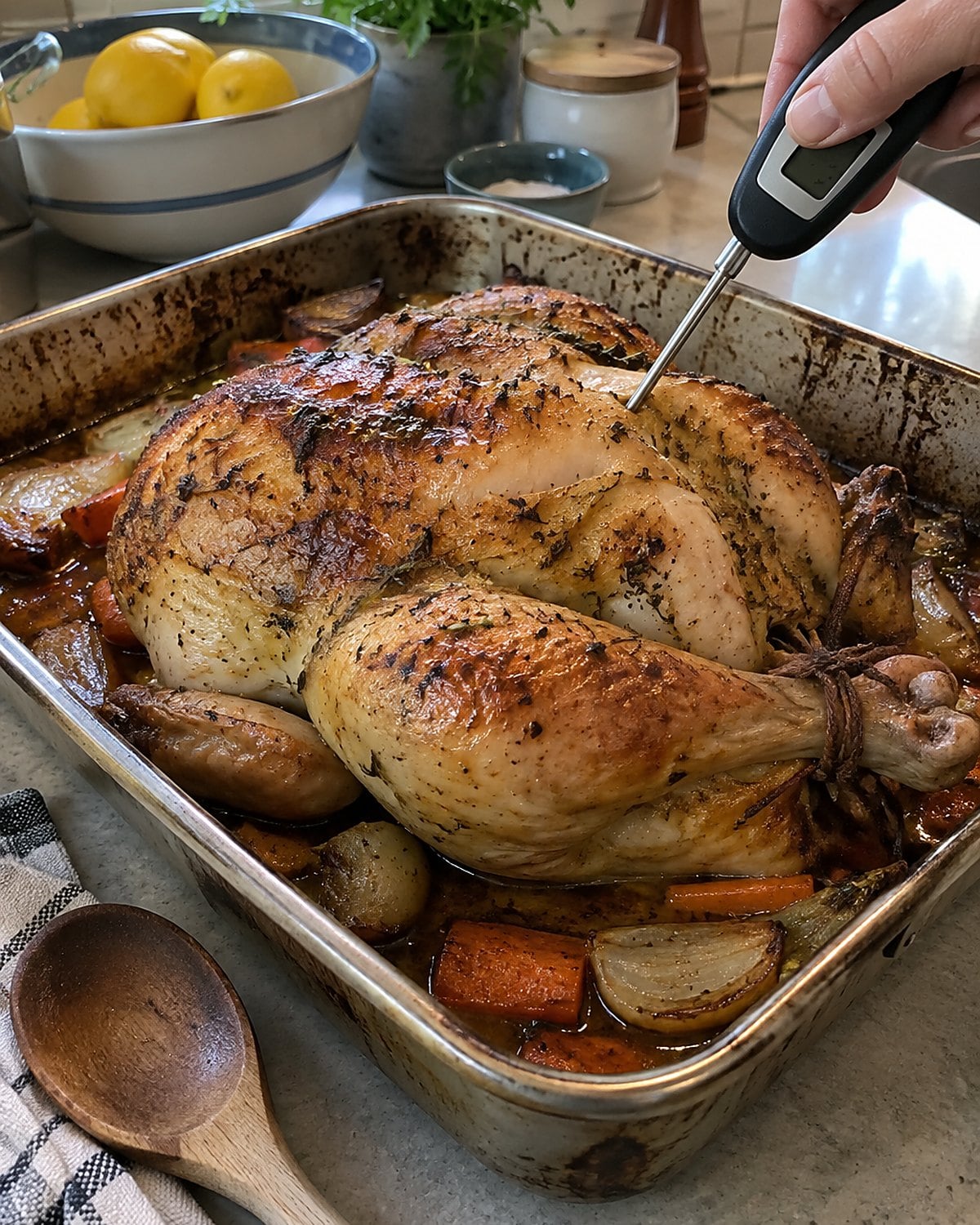 A food thermometer inserted into roasted chicken on a kitchen counter.