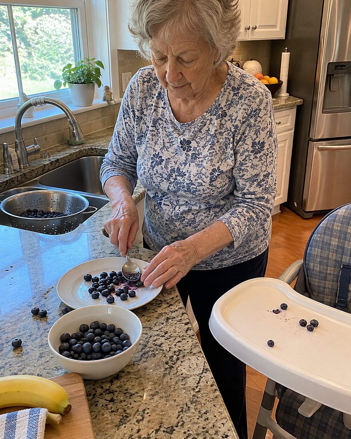 Hands flattening blueberries beside a high-chair tray and a rinsed colander.