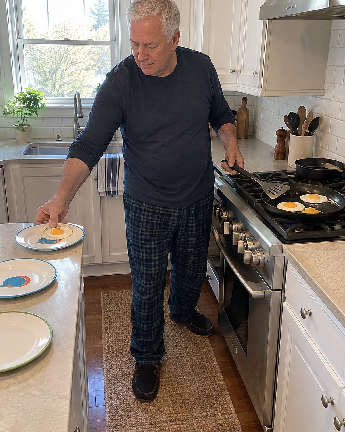 A skillet of eggs on the stove while an adult hand reaches for a clean child’s plate.