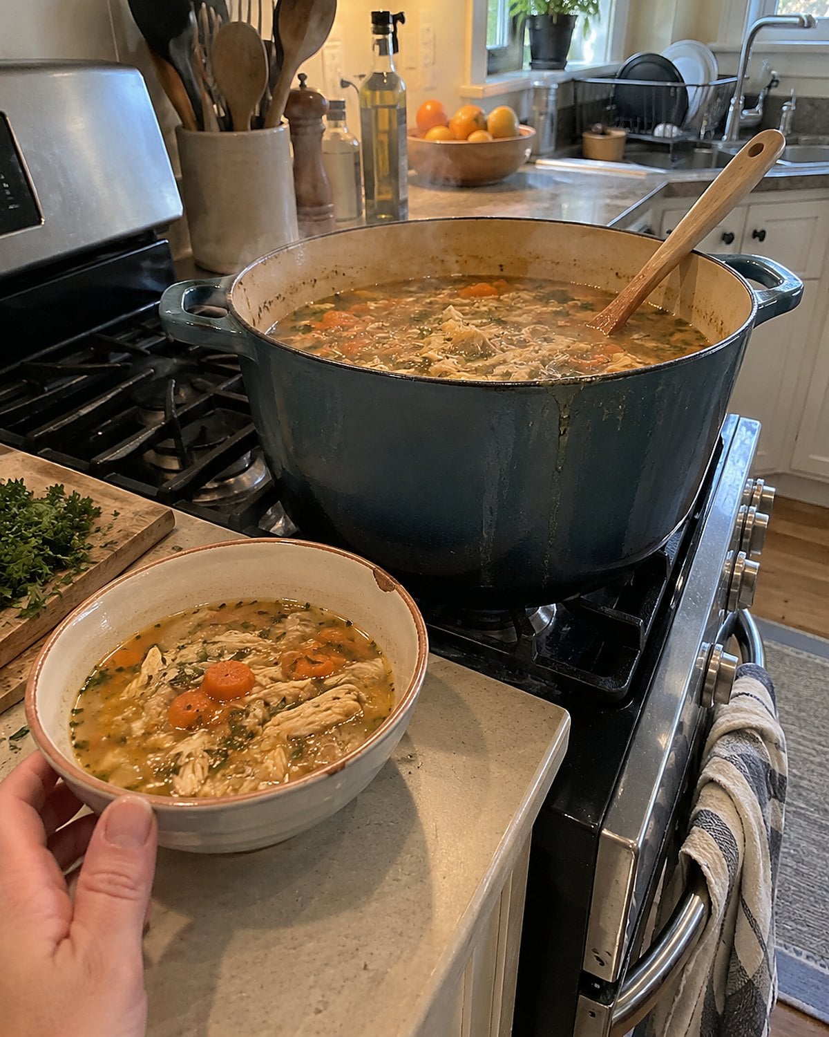 A steaming pot of soup on the stove beside a small serving in a bowl.
