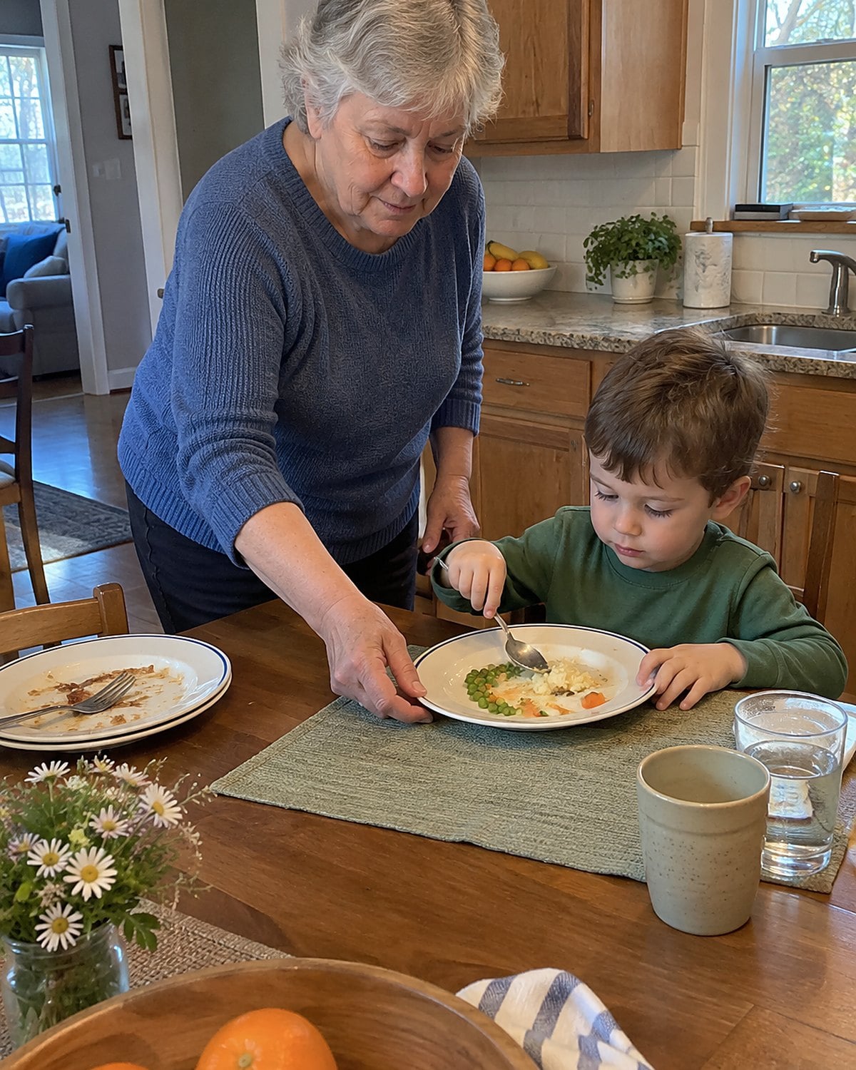A child’s partly eaten dinner plate beside an adult’s hands clearing the table.