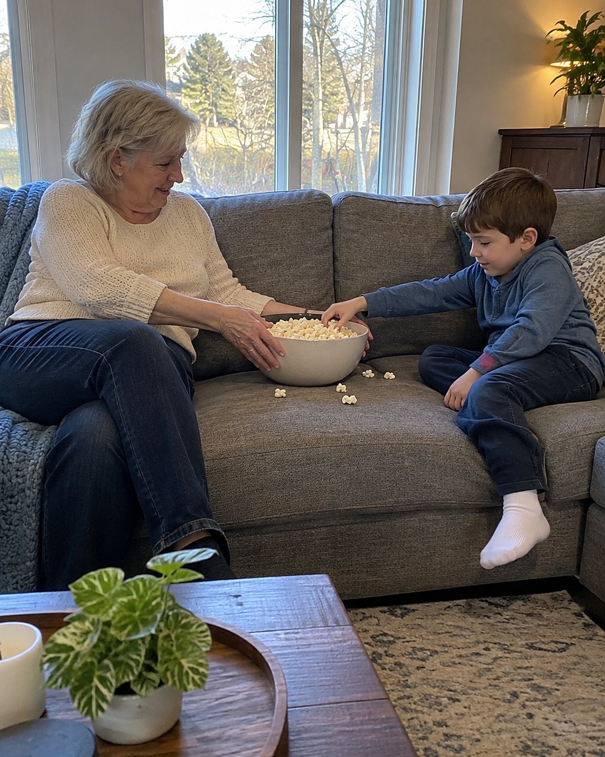 An adult hand moving a popcorn bowl away from a child’s reaching hand on a sofa.