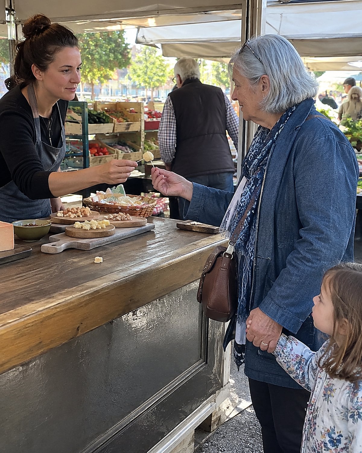 An adult accepting a food sample at a market stall while holding a child’s hand.