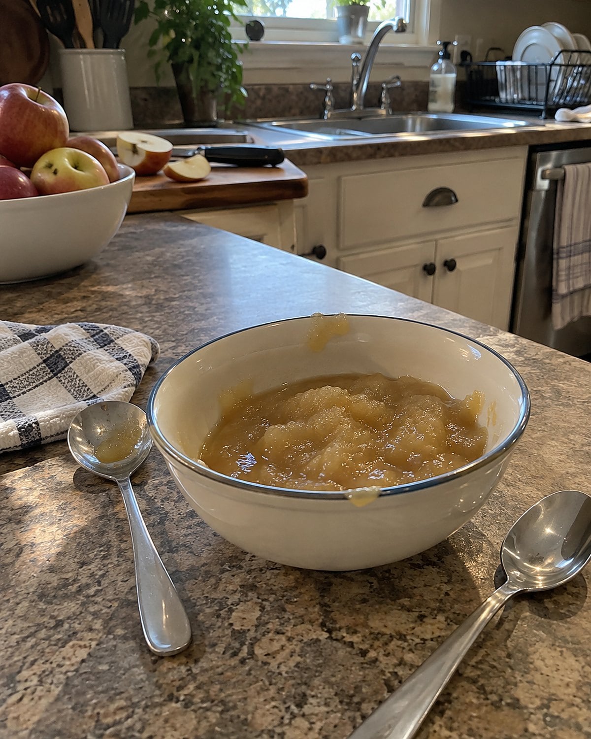 Two separate spoons beside a small bowl of applesauce on the counter.