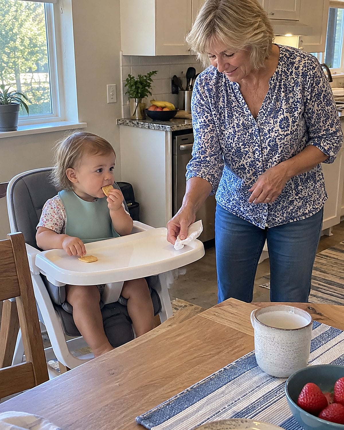 A toddler seated upright in a high chair eating a cracker while an adult stands nearby.