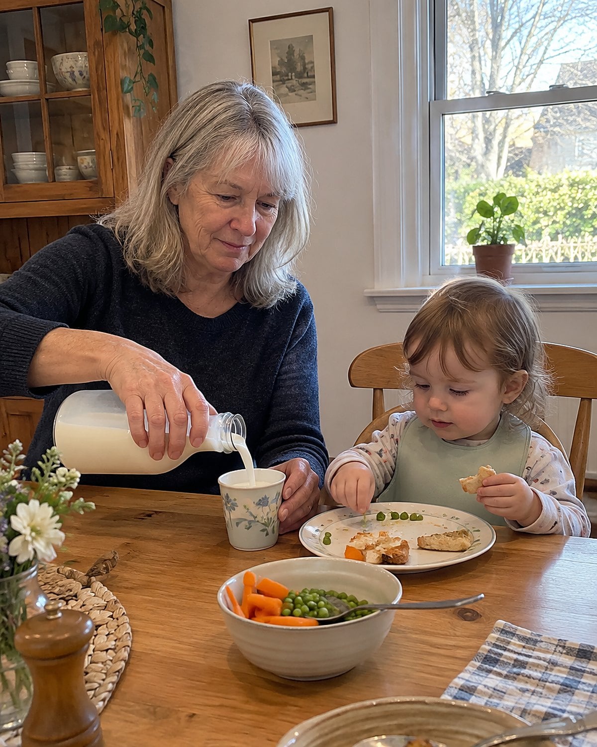 An adult pouring milk into a small cup beside a toddler’s partly eaten dinner plate.