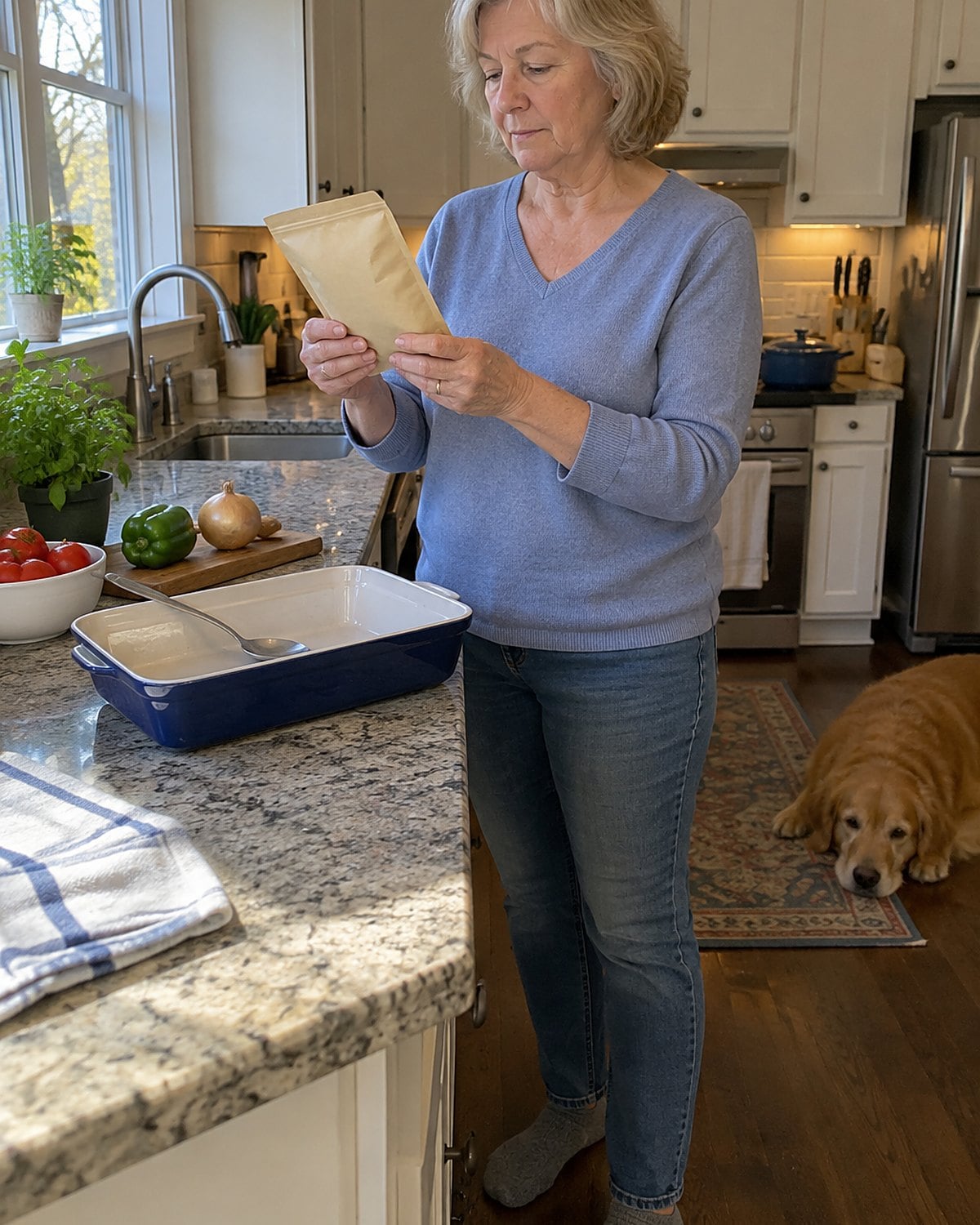 A hand checking the ingredient label on a pantry packet beside a casserole dish.