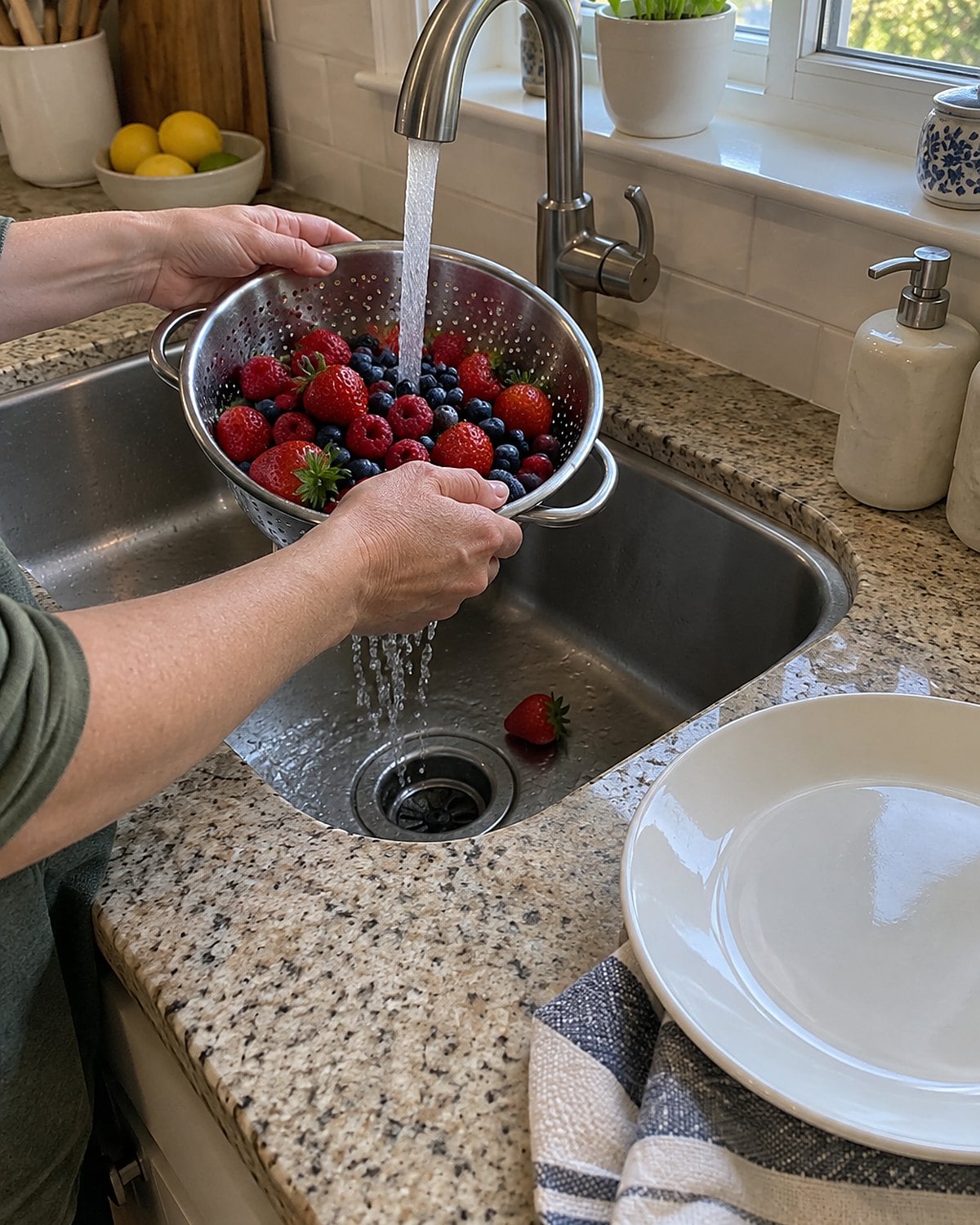Berries being rinsed under a kitchen faucet, with a clean plate waiting nearby.