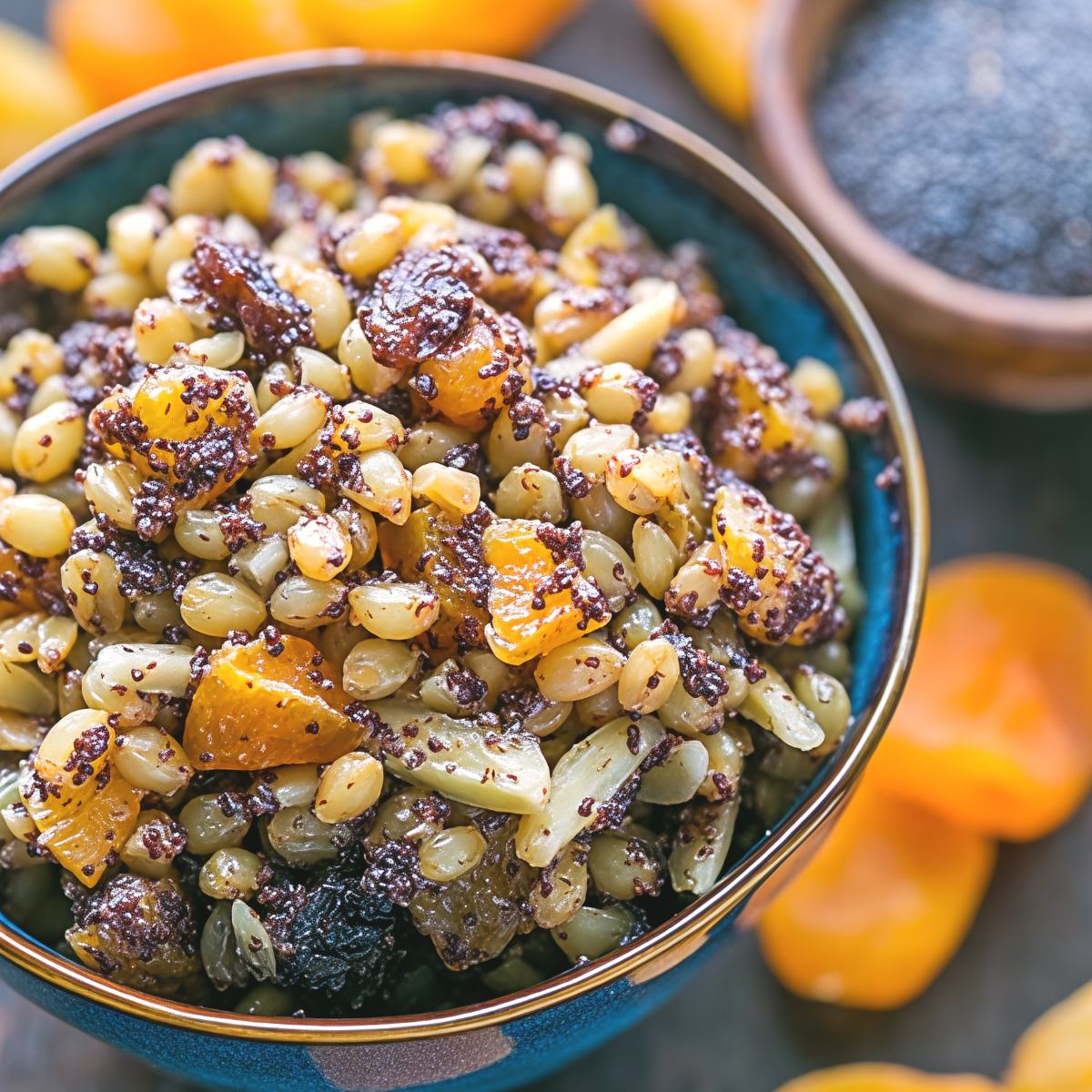 A bowl of traditional Eastern European Kutia sweet wheat berry pudding with poppy seeds, honey, and chopped nuts, served as a symbolic European Christmas dessert.