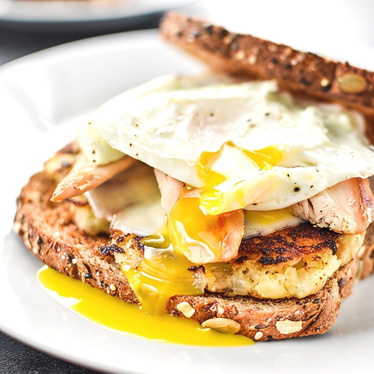 An ultimate leftover turkey breakfast sandwich on toasted seed bread with a fried egg and dripping yolk as Thanksgiving breakfast ideas.