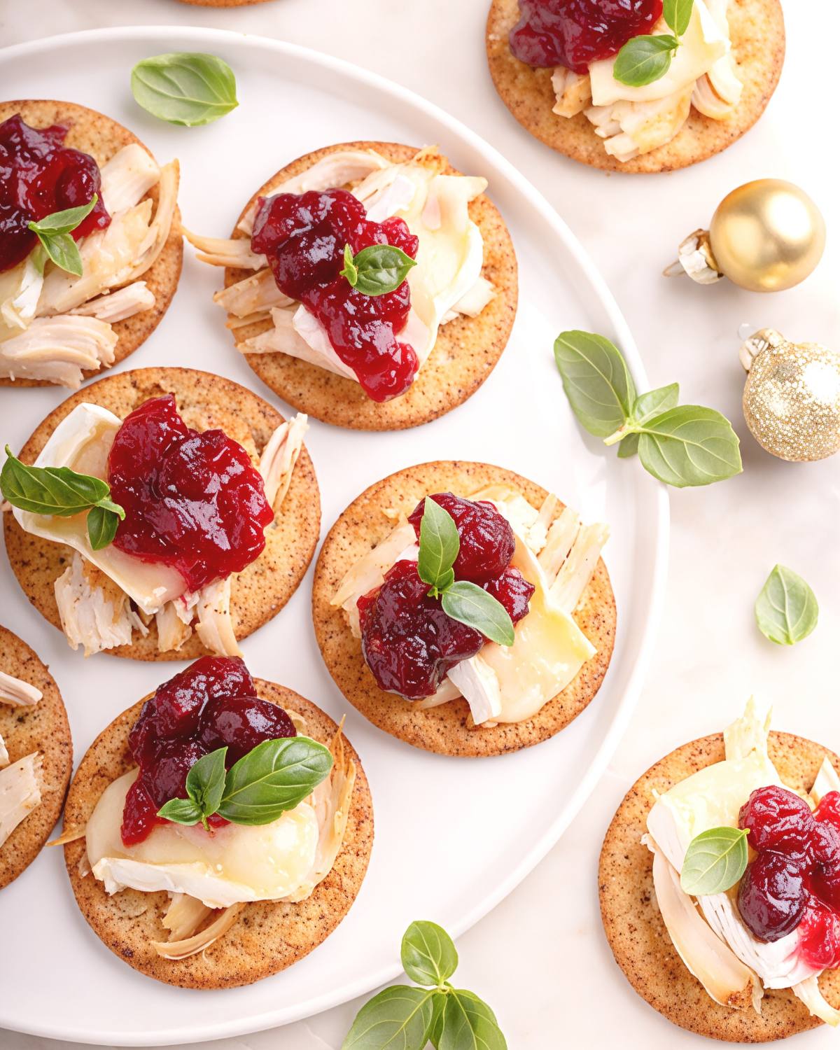 Crispy whole grain crackers topped with sliced turkey, melted brie, sweet cranberry sauce, and fresh basil leaves displayed on a white plate as festive Thanksgiving finger food ideas.