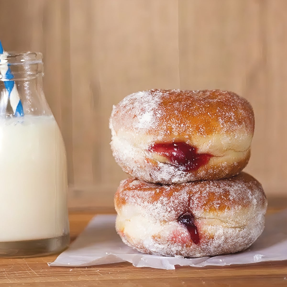 Soft Ukrainian sweet Pampushky yeast doughnuts dusted with powdered sugar and filled with bright red fruit jam beside a glass of milk, served as a traditional European Christmas dessert.