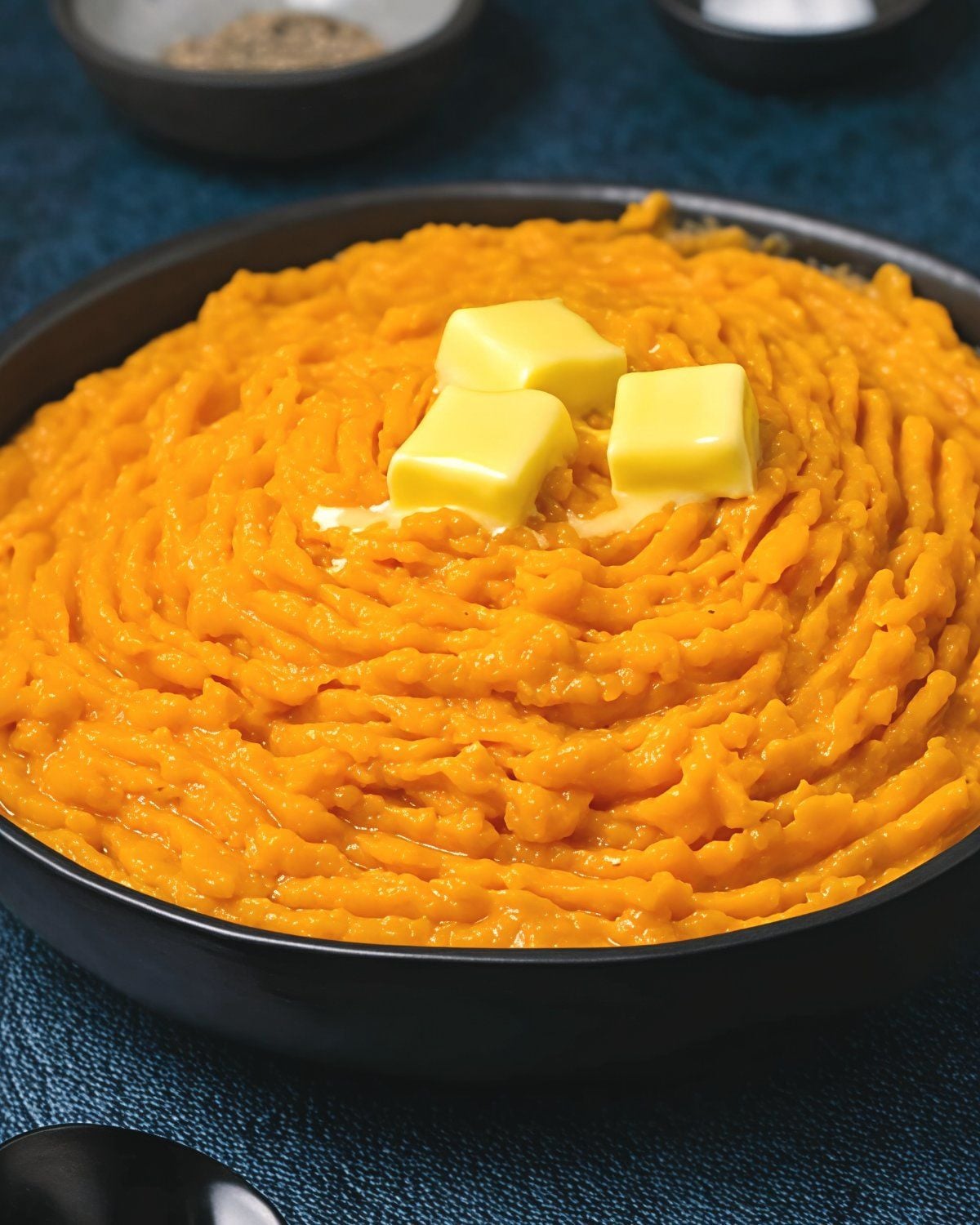 Creamy vegan mashed sweet potatoes in a black bowl topped with melting pats of plant-based butter for a Thanksgiving side dish.