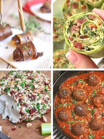 A collage of delicious plant-based party foods showcasing easy vegan Thanksgiving appetizers.