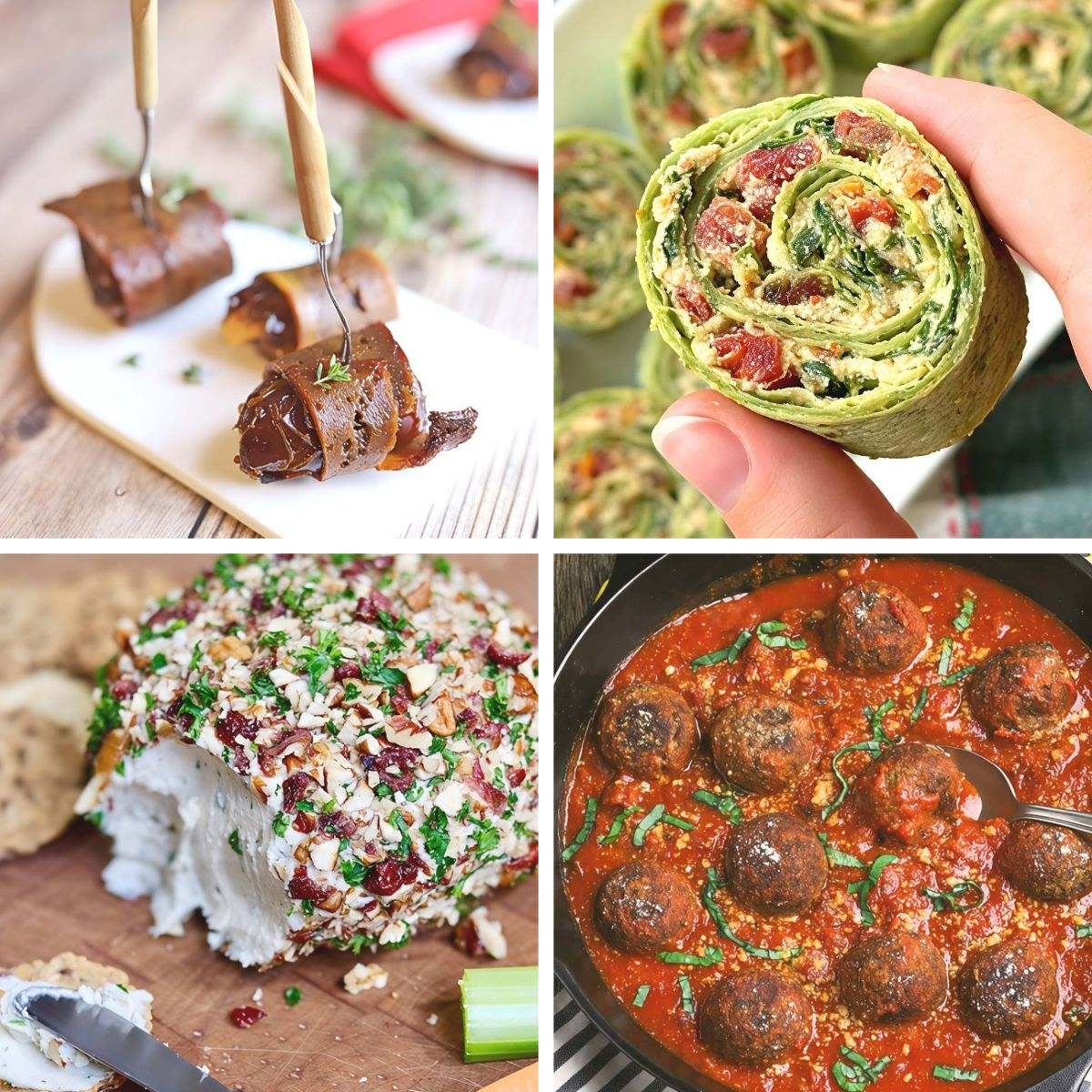 A collage of delicious plant-based party foods showcasing easy vegan Thanksgiving appetizers.