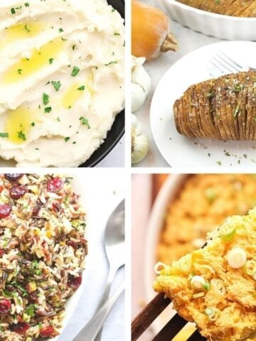 Vegan Thanksgiving sides collage featuring creamy mashed potatoes, seasoned hasselback potatoes, wild rice cranberry pilaf, and a savory sweet potato casserole.