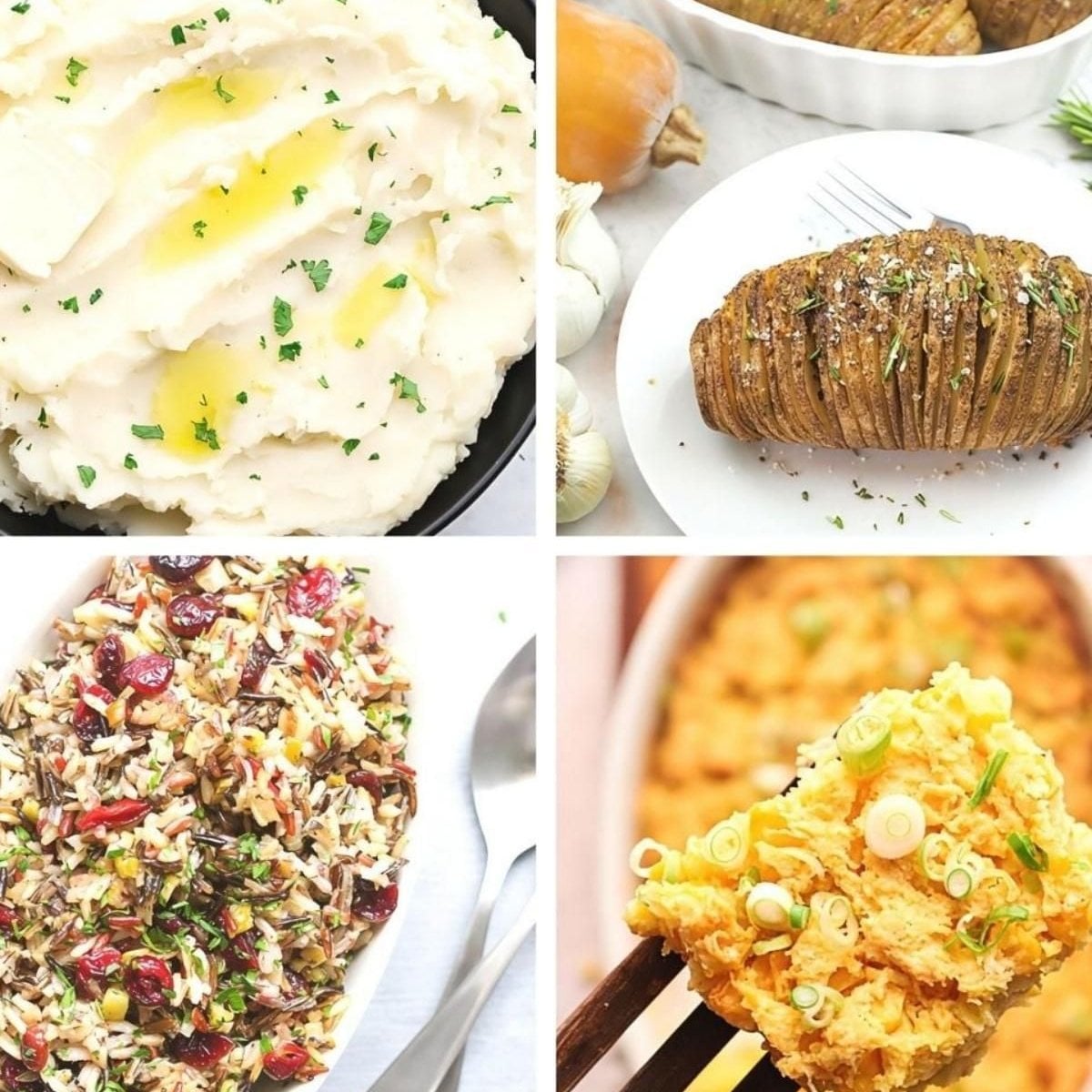 Vegan Thanksgiving sides collage featuring creamy mashed potatoes, seasoned hasselback potatoes, wild rice cranberry pilaf, and a savory sweet potato casserole.