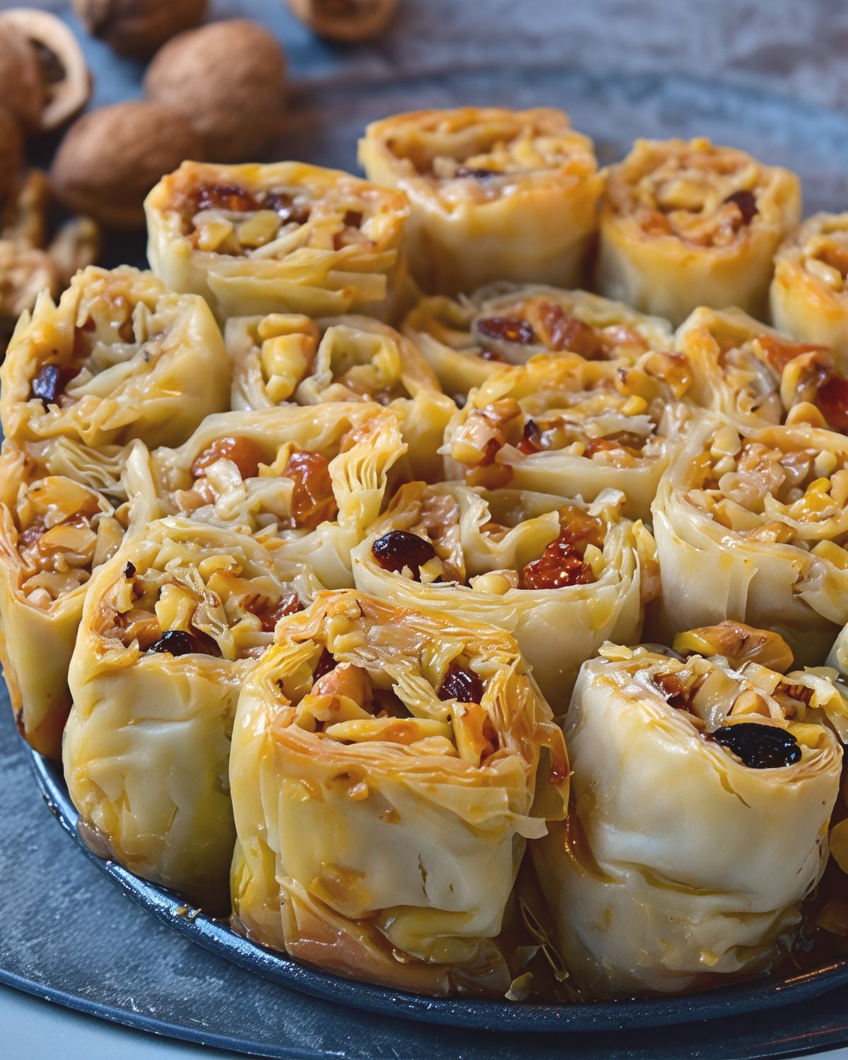 Golden, syrup-soaked Montenegrin rolled Baklava filled with chopped walnuts and dark raisins, arranged on a serving tray as a classic European Christmas dessert.