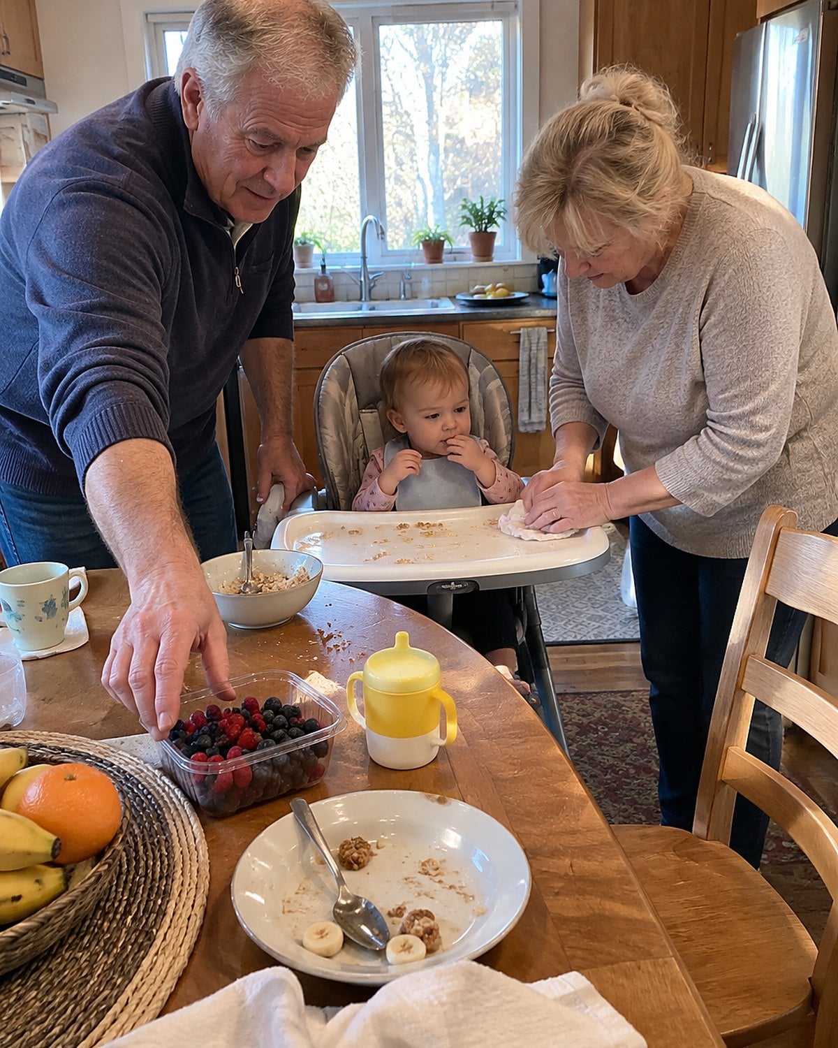 Early morning at a grandchildโs high chair at the kitchen table, a couple in their sixties wiping spilled cereal and reaching for a carton of berries, nobody posing.