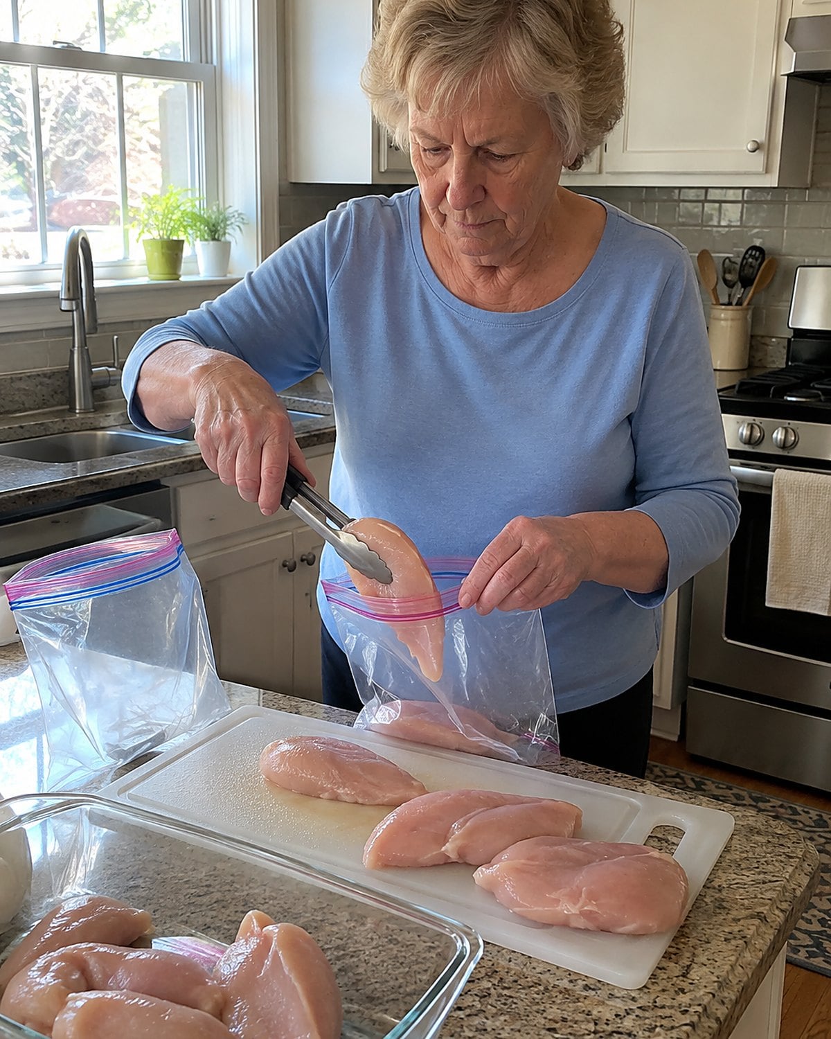 Older hands dividing raw chicken breasts into freezer bags beside a clear cutting board.