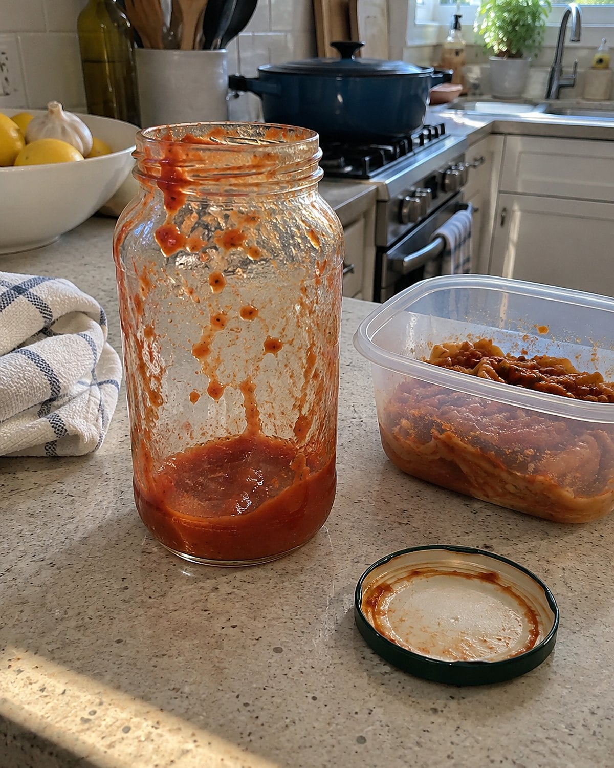 A large open jar of pasta sauce beside a small storage container on the kitchen counter.