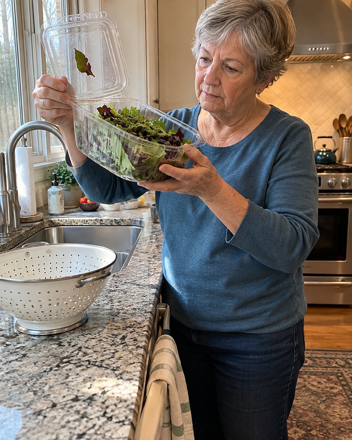 Older hands lifting a clamshell of spring mix to inspect damp leaves at the bottom.