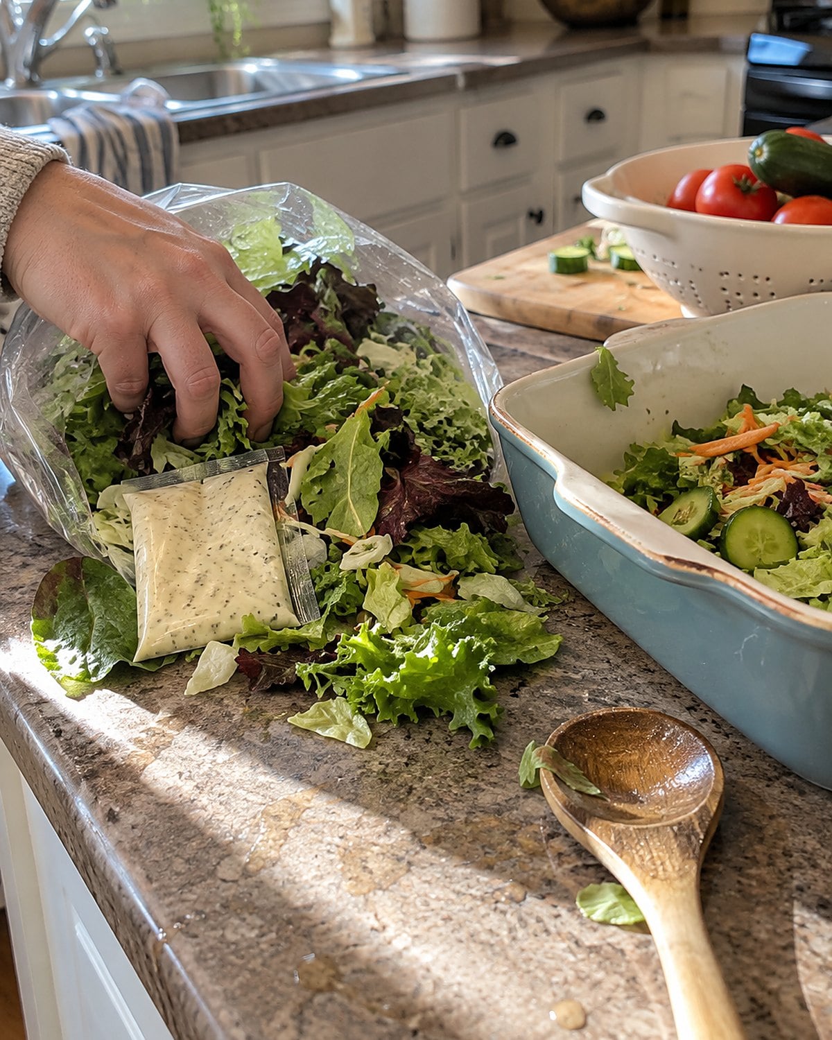 An open salad kit with dressing packet and wet leaves beside a casserole dish.