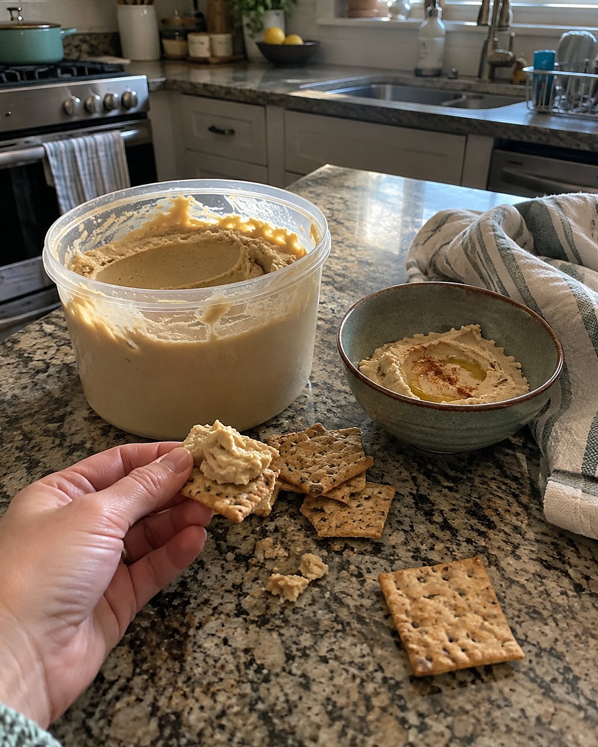 A large hummus tub beside a small serving bowl and scattered crackers on the counter.