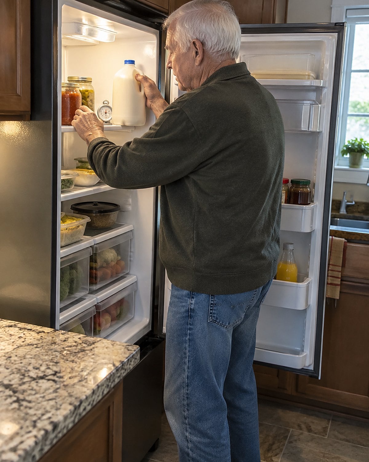 A gallon of milk being moved from the fridge door to a shelf beside an appliance thermometer.