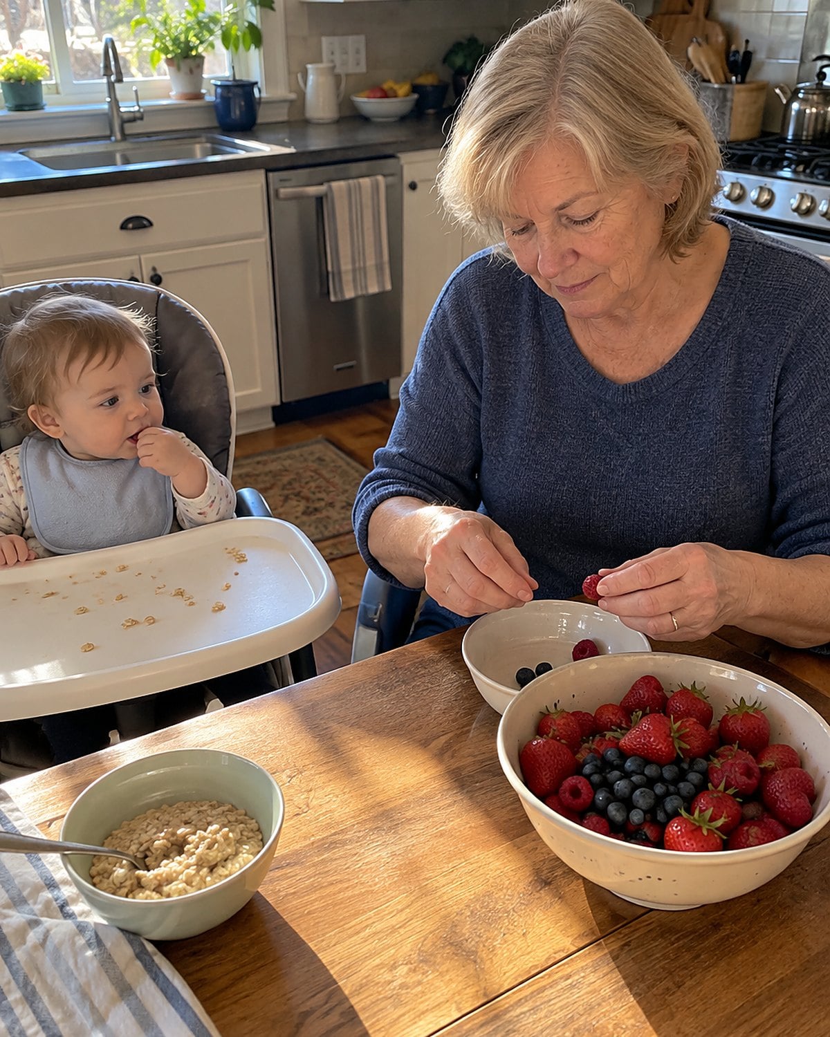 A hand sorting berries near a grandchildโs high chair, with a small bowl of breakfast oatmeal nearby.