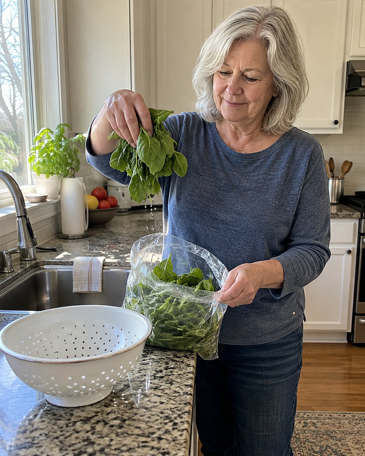Older hands lifting damp baby spinach from a large open bag beside the sink.