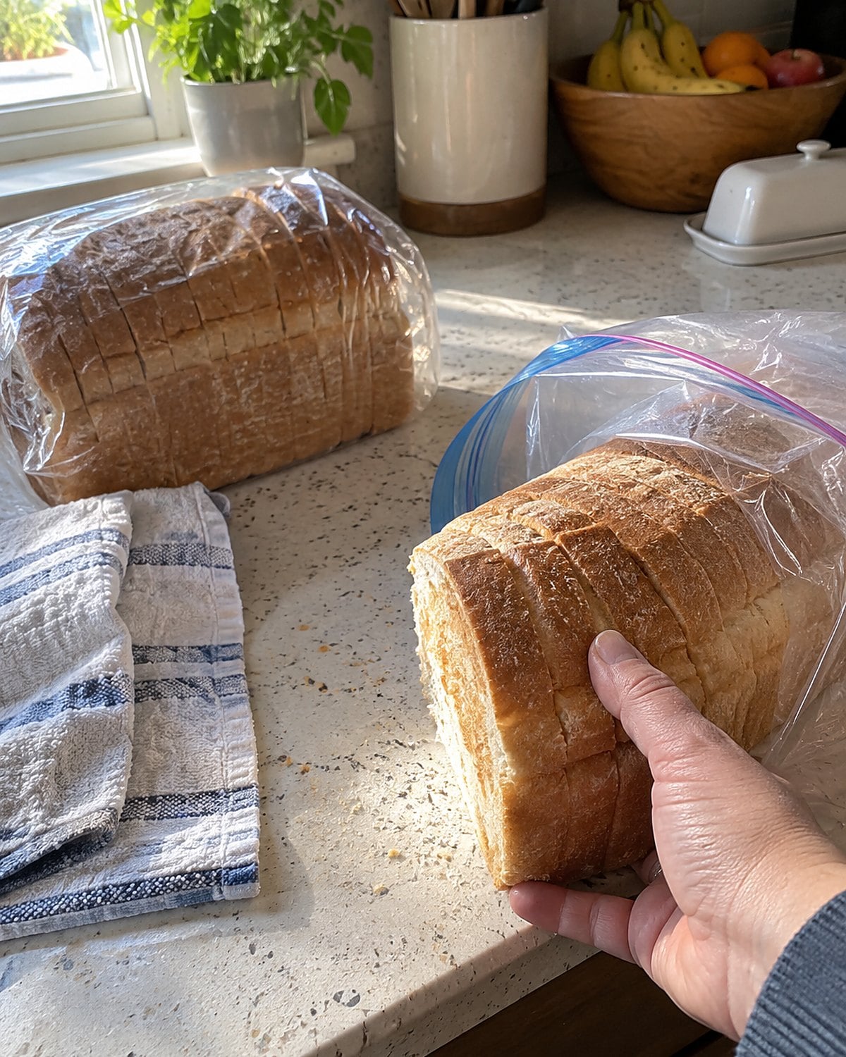 Two loaves of sandwich bread on a kitchen counter, with one partly tucked into a freezer bag.