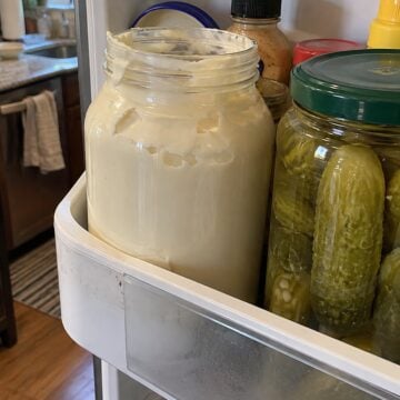 An opened jumbo mayonnaise jar beside pickles on a crowded refrigerator door shelf.