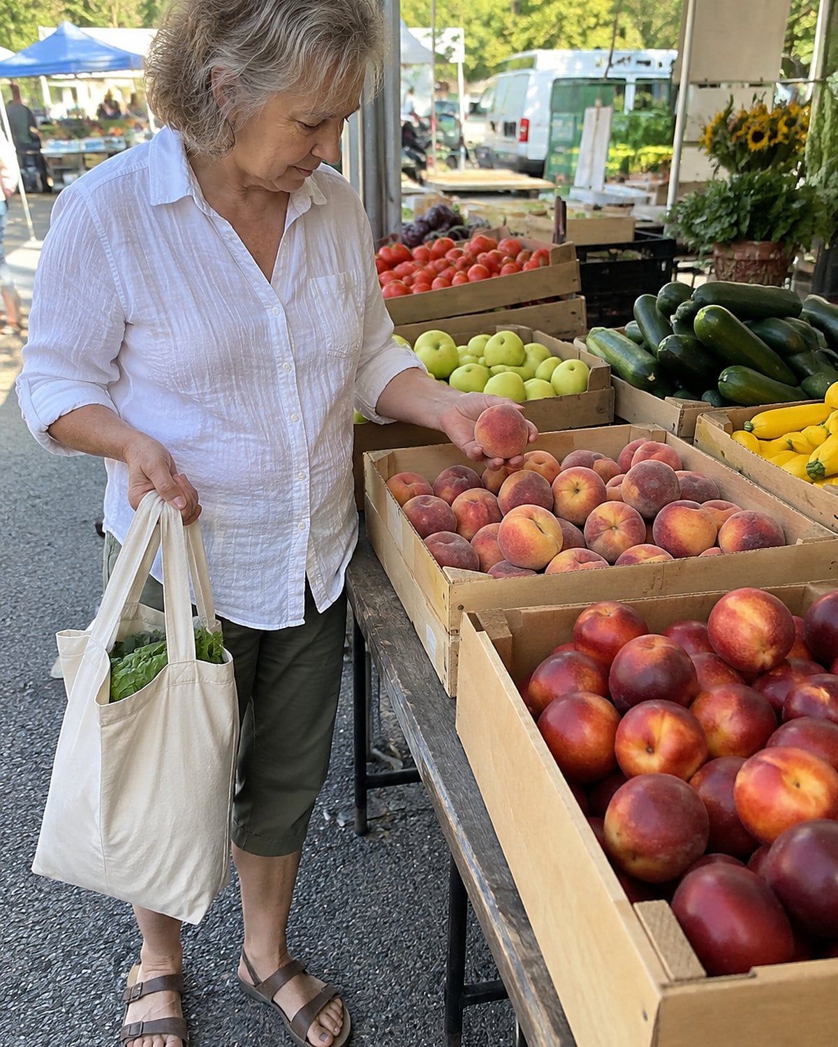 A box of peaches at a market stall, with a hand lifting the top fruit to inspect those beneath.