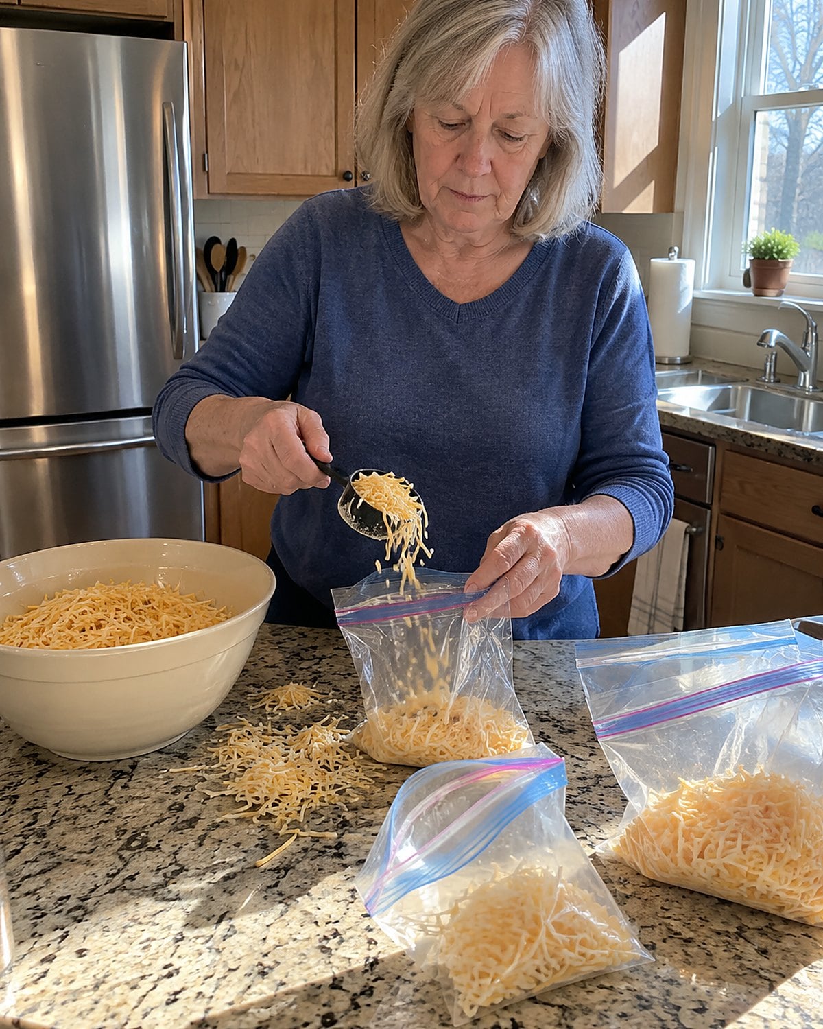 Older hands dividing shredded cheese into freezer bags on a kitchen counter.
