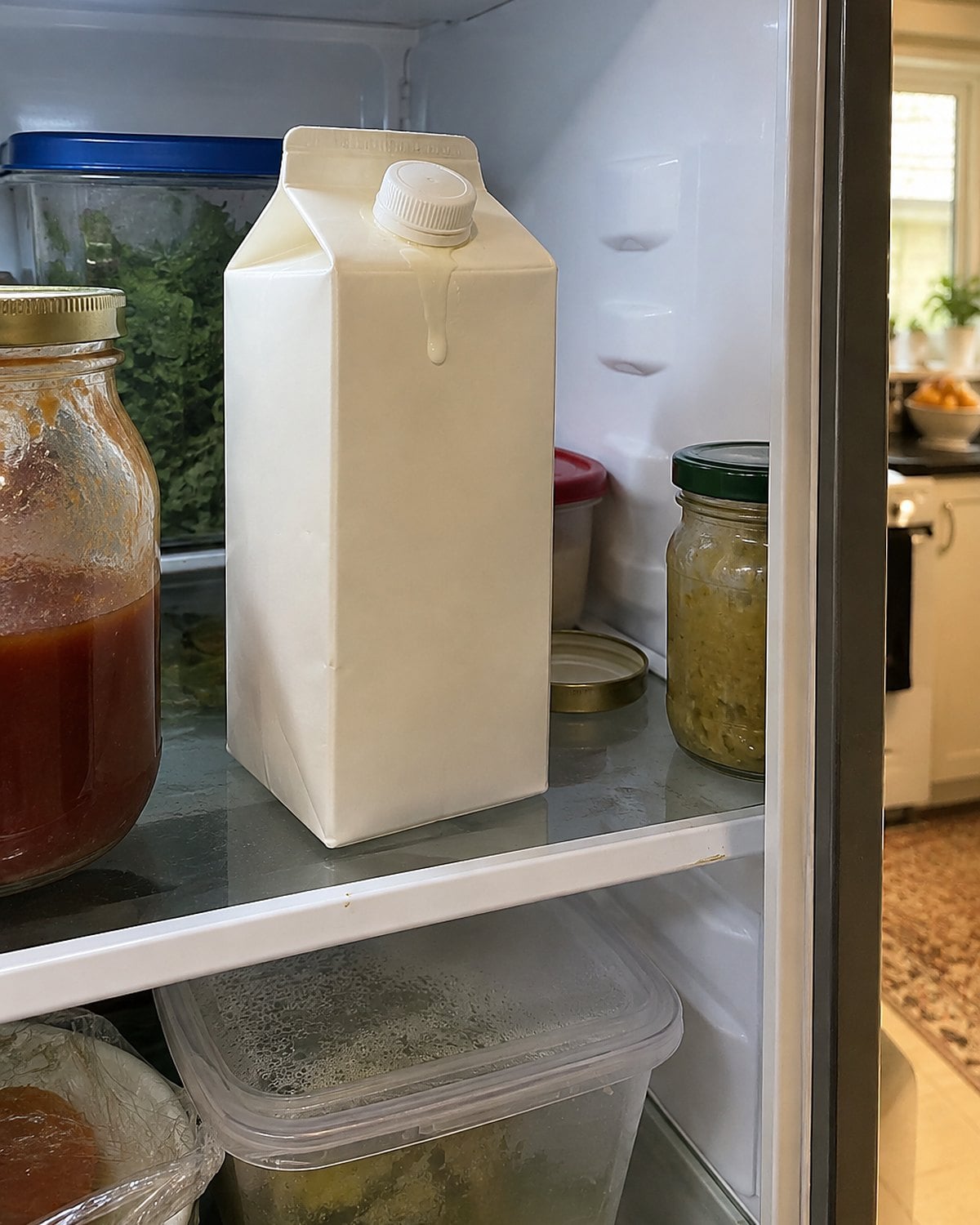 A half-gallon cream carton crowded between jars on a refrigerator shelf.