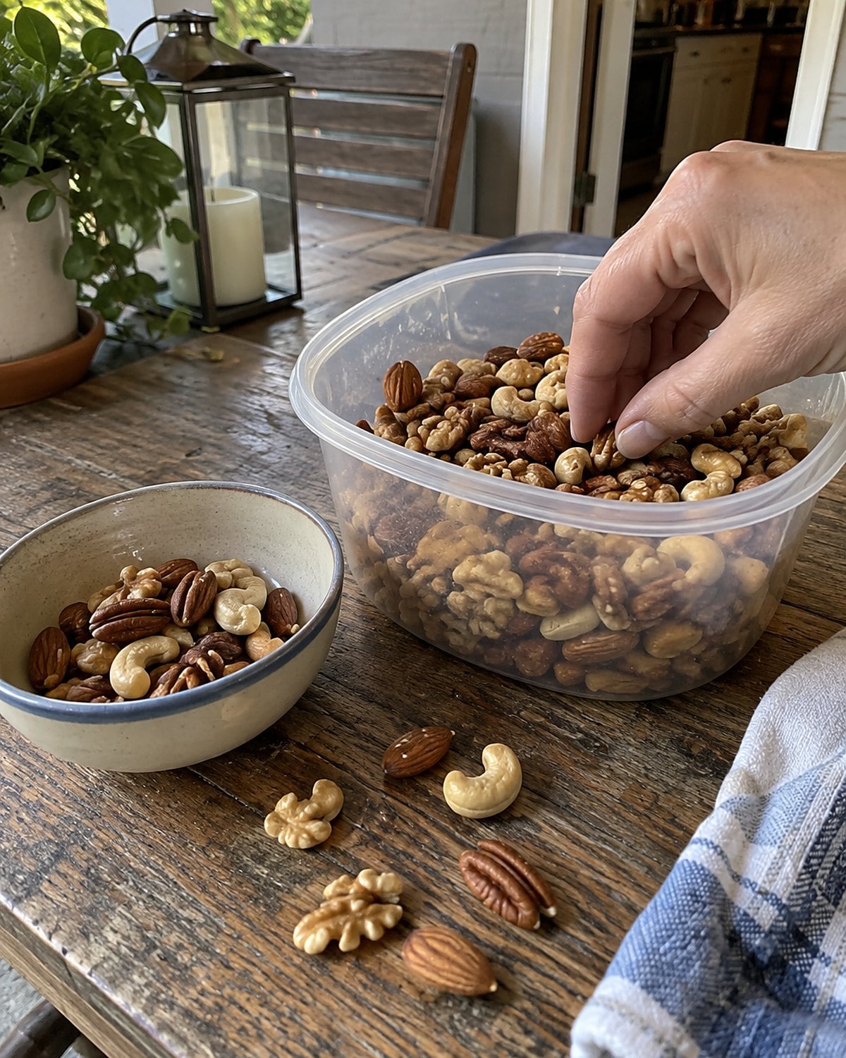 A tub of mixed nuts beside a small serving bowl on a porch table.