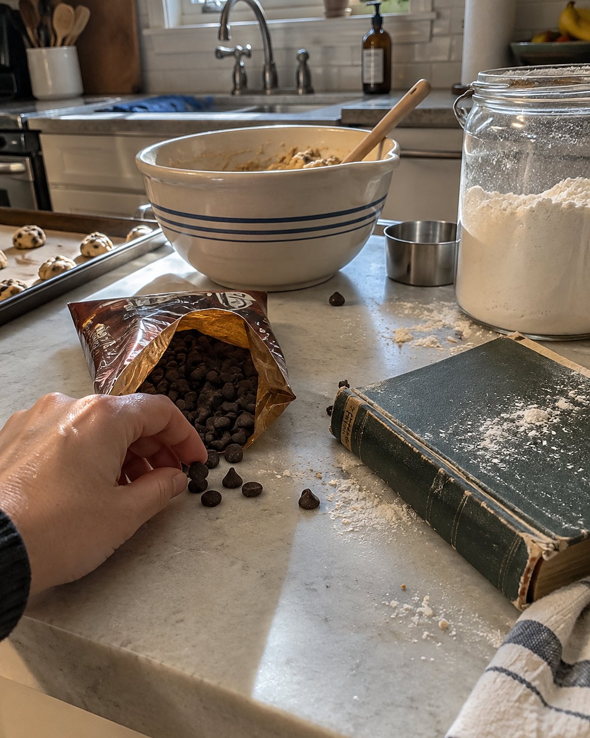 An opened bag of chocolate chips beside a flour-dusted church cookbook with a cracked spine.