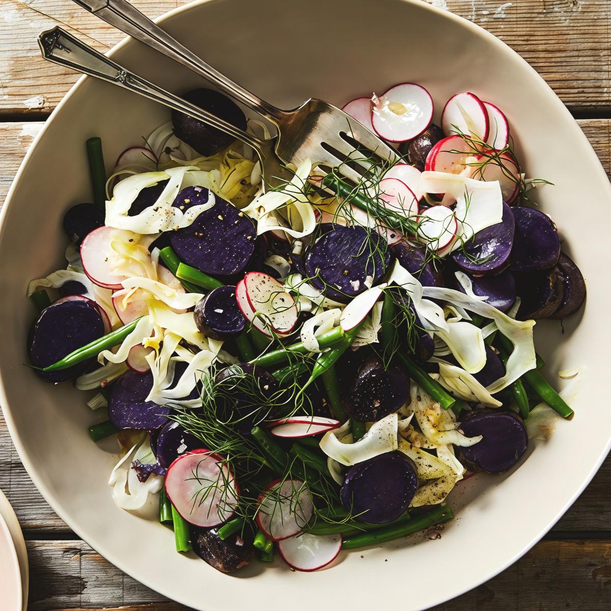 A serving bowl filled with a warm purple potato salad toss-mixed with crisp green beans, sliced radishes, shaved fennel, and fresh herbs, perfect for holiday and Thanksgiving vegetable side dishes.