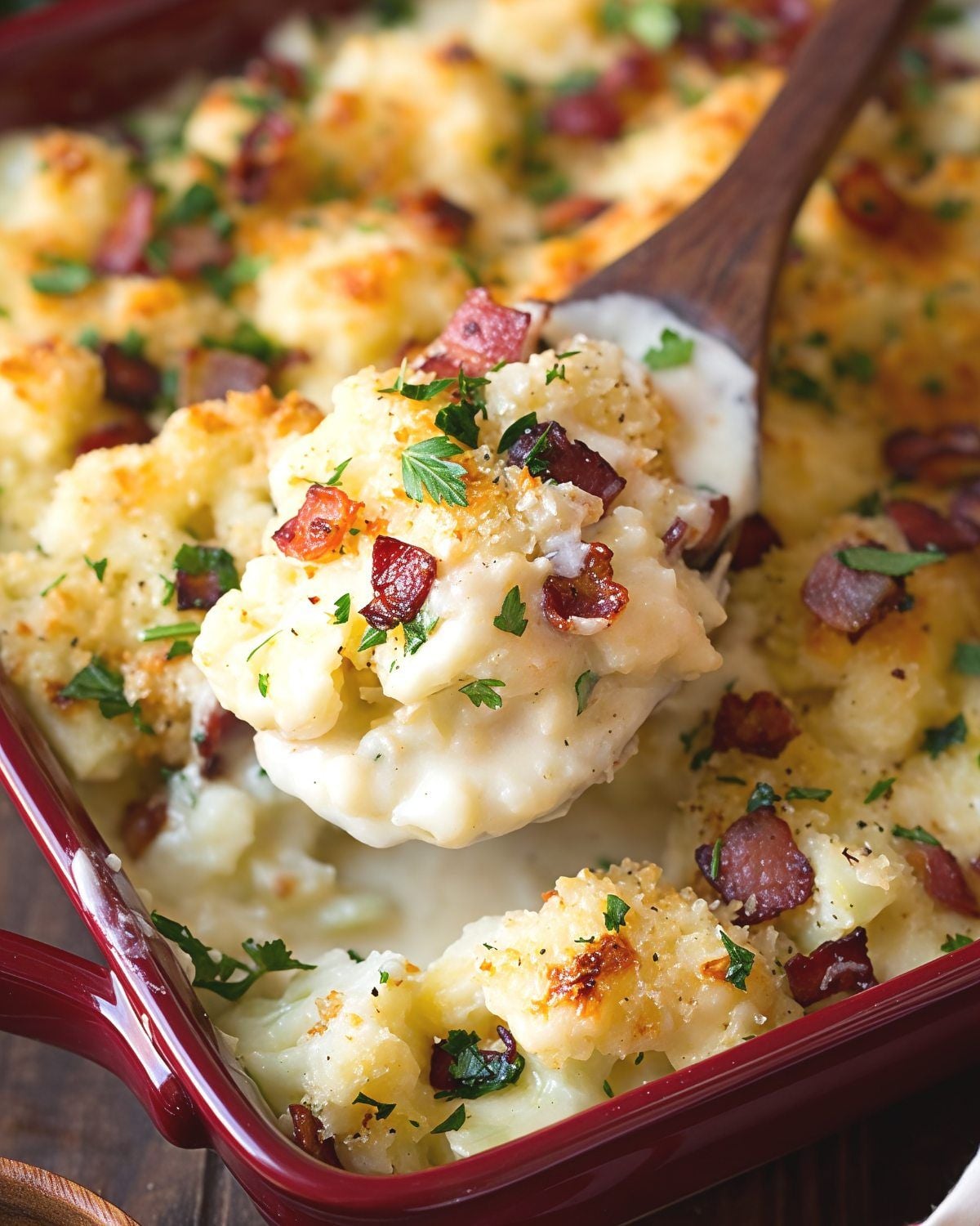 A wooden spoon scooping creamy white cheddar cauliflower gratin topped with crispy bacon bits and chopped fresh parsley from a red baking dish for Thanksgiving vegetable side dishes.