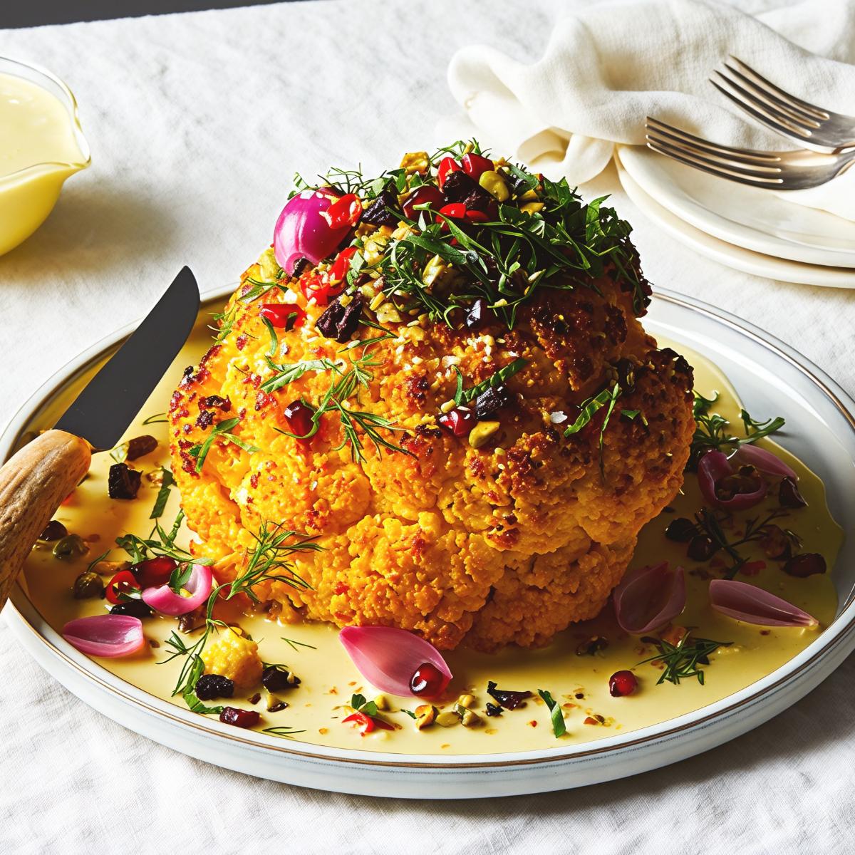 A whole roasted cauliflower smothered in turmeric-tahini sauce and garnished with fresh herbs and pomegranate seeds, served on a plate as one of the best gluten-free Thanksgiving side dishes.