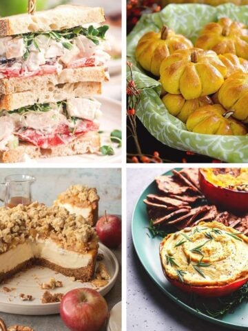 A photo collage features four Thanksgiving potluck dishes, including stacked turkey sandwiches, pumpkin-shaped dinner rolls, an apple crumble cheesecake, and pumpkin dip served in hollowed mini pumpkins with crackers.