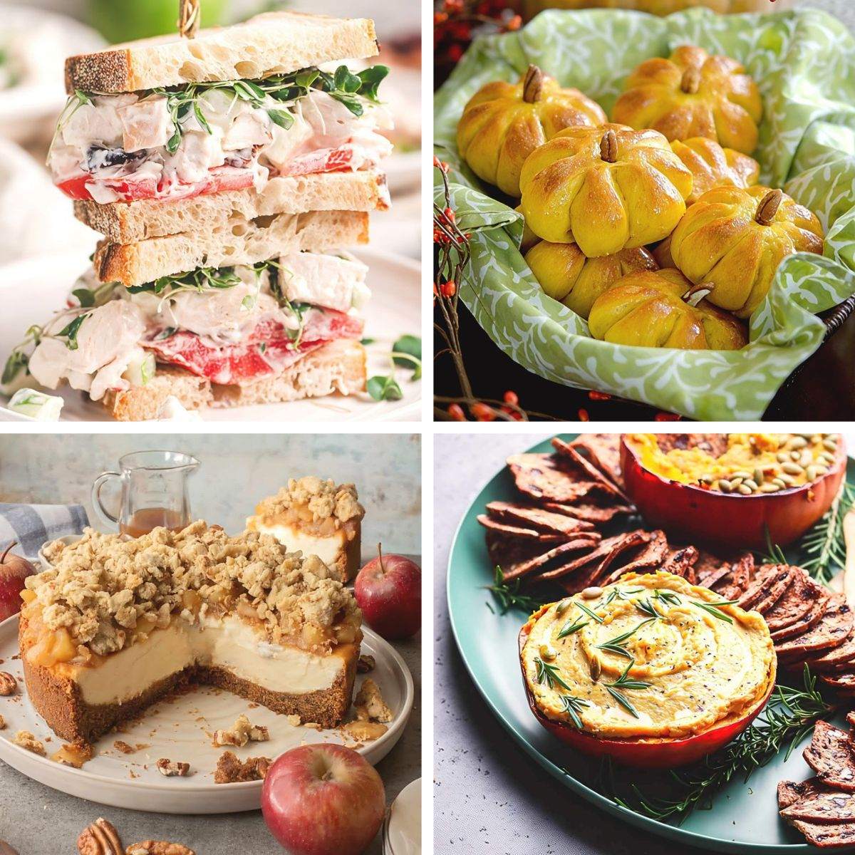 A photo collage features four Thanksgiving potluck dishes, including stacked turkey sandwiches, pumpkin-shaped dinner rolls, an apple crumble cheesecake, and pumpkin dip served in hollowed mini pumpkins with crackers.